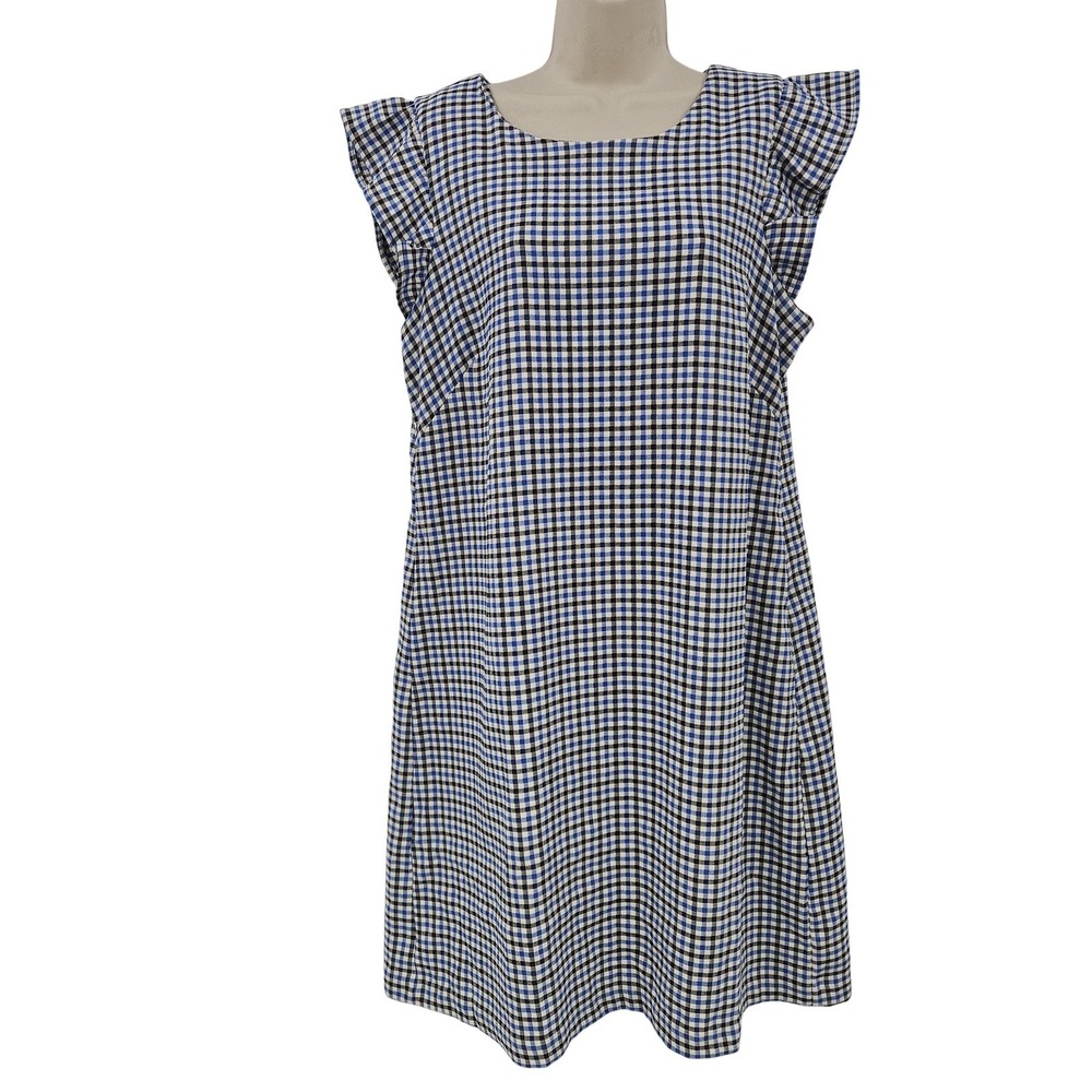 Eliza J Dress Women 14 Blue White Gingham Check Ruffle Sleeve Shift Knee Length‎